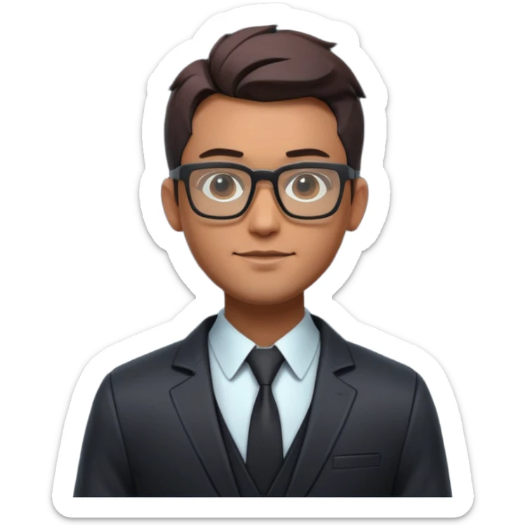 A stylized 3D avatar of a visionary tech CEO, male, wearing glasses and a sleek dark blazer. He has a confident, friendly expression. The lighting is a dramatic gradient of purple and electric blue neon. Rim lighting on the edges of the character. Dark background, cyberpunk minimalist aesthetic. sticker