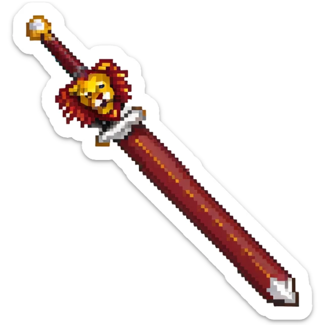 gold colored long sword with deep red handle and a gold lion on the end of the handle sticker
