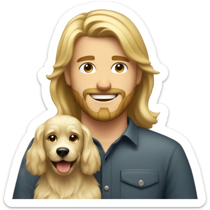 smiling bearded blonde boy with and long hair with dog indoors sticker