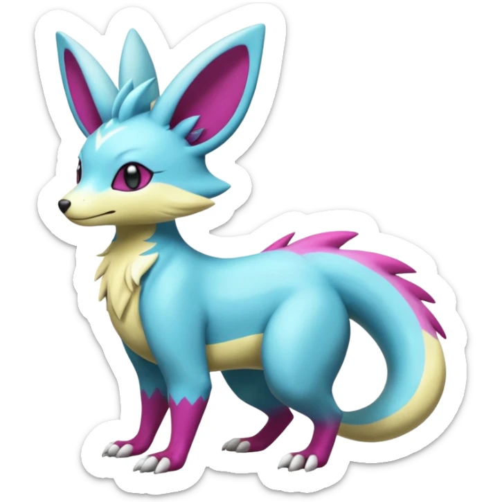 realistic Shiny smooth silky soft Cyan-Yellowish-Magenta Minccino-Zeraora-Emolga-Vernid-Sergal-fusion-hybrid-animal-creature, full body sticker