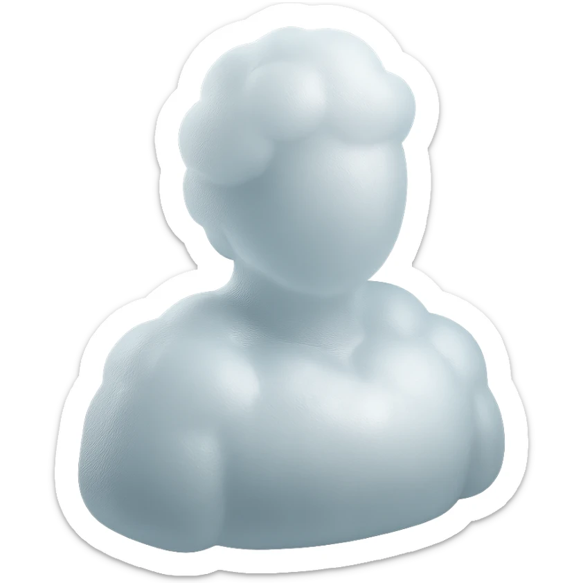 shoulder-up person fully made of white fluffy convex clouds, matte glass style sticker