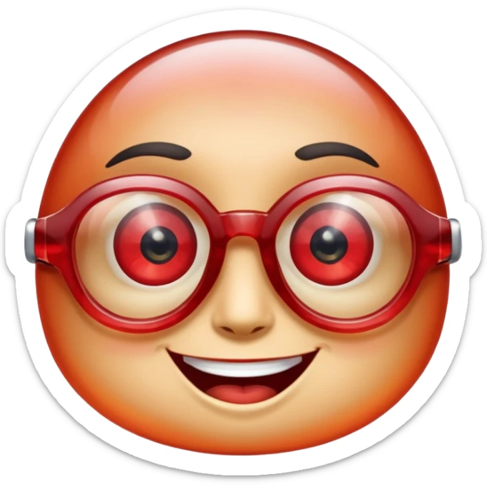 A single crystal gemstone character wearing glasses, chunky and irregular with faceted very sharp sides, [red], big glossy eyes behind the glasses and a wide happy smile, , high detail, soft lighting, centered on a plain dark background sticker