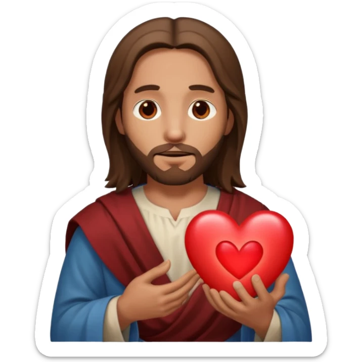 jesus holding a glowing heart emoji. make his eyes brown, and make him look safe. sticker