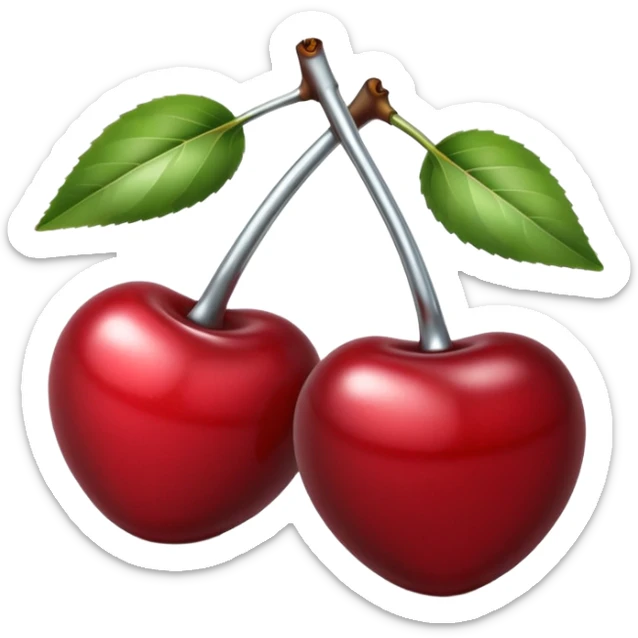 A pair of cherries emoji made of polished silver chrome, smooth rounded shapes, glossy metallic finish, soft highlights and reflections, cute proportions, iOS emoji style, centered, clean white background, no text sticker