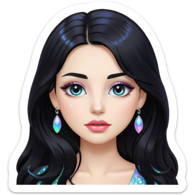 douyin long black hair glossy lips glittery iridescent white eyeshadow girl sticker