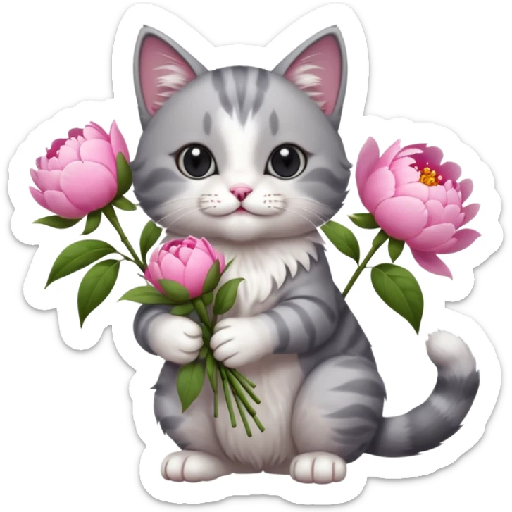 Cute cat Handing pink peonies like reaching a hand and handing them out a bouquet of them not a physical hand the cats hand  make the cat fluffy and grey and white  sticker