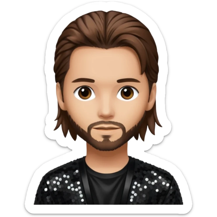 Tom Kaulitz from Tokio Hotel with long brown hair, black sequin outfit  sticker
