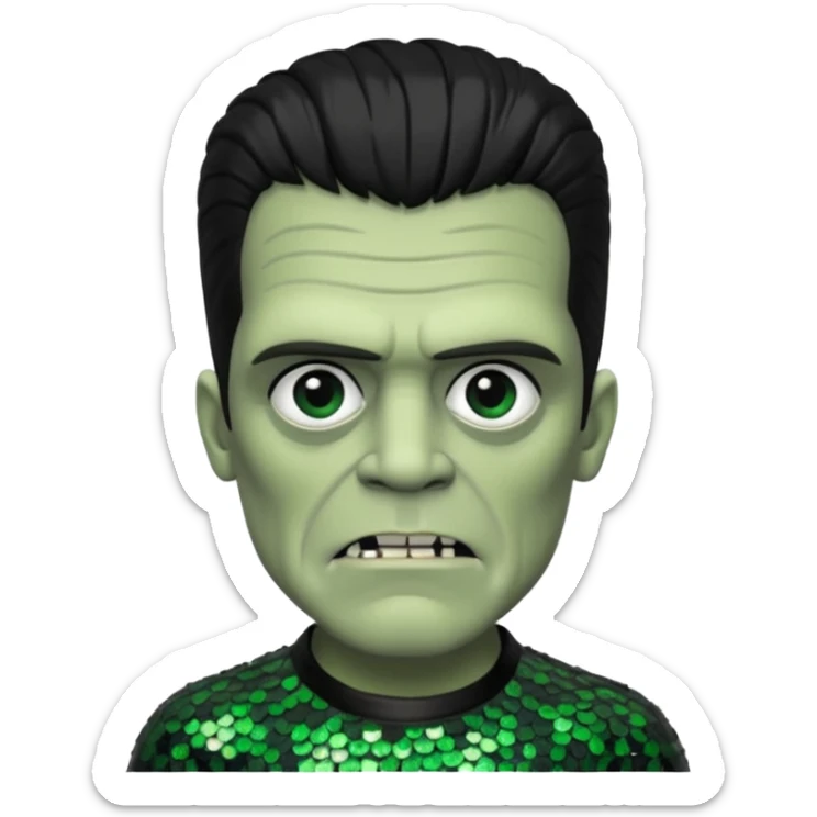 Frankenstein from Universal Monsters with grey green skin, jet black hair, black sequin outfit  sticker