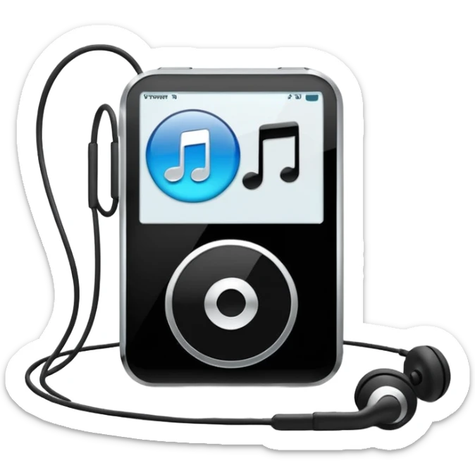 Futuristic iPod emoji with earphones, metallic black and white, smooth reflective surfaces, flat minimal vector design, clean UI style sticker