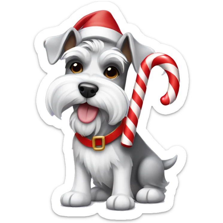 White and grey schnauzer wearing an elf costume holding a candy cane in its mouth sticker