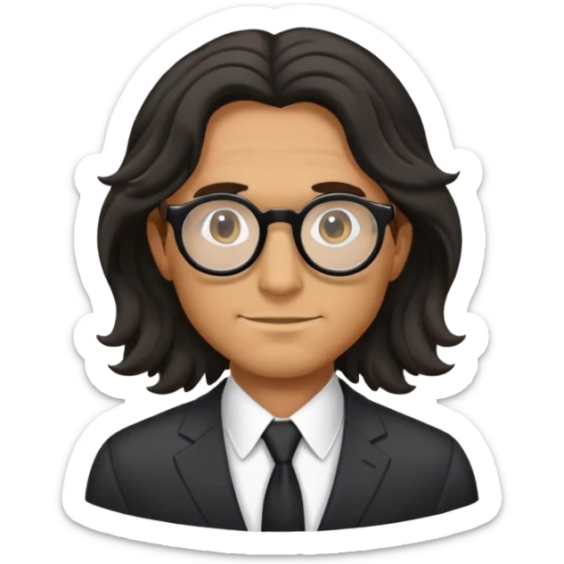 man with a long black wavy hair in a suit wearing round glasses sticker