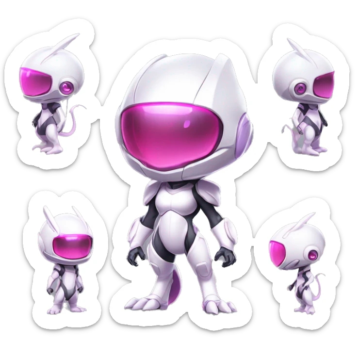White, Chibi, White body, Anthro-Sona-Lizard-Alien-Salazzle-Mew-Mewtwo-Fakémon, with pink eyes, with a futuristic visor-helmet, wearing a techwear-suit, Full Body sticker