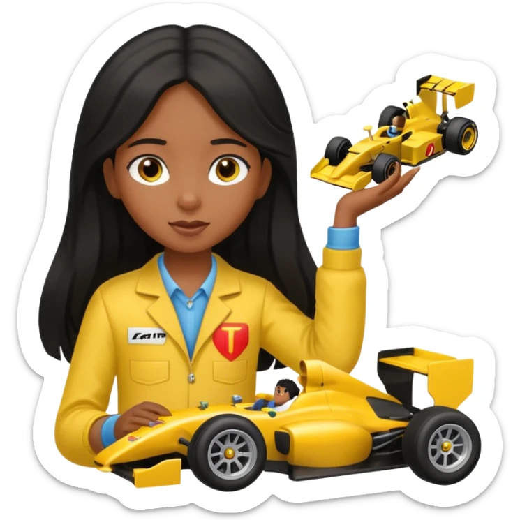  long black haired black girl kid playing yellow colored formula 1 car toy sticker