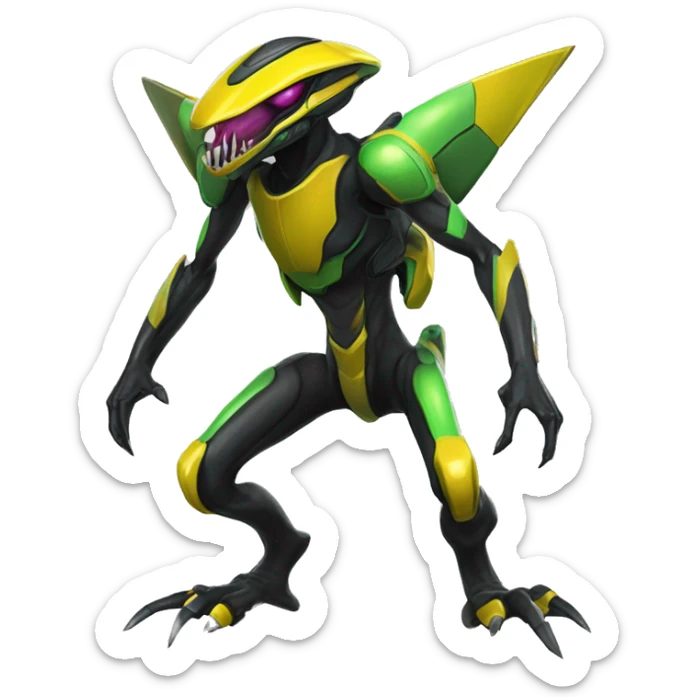 a shiny black-yellow-green Genesect-Raptor-Fakémon—hybrid with a futuristic visor-helmet full body sticker