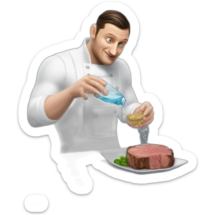 tim robinson dark black slicked back hair white long underwear waffle shirt pouring water from glass onto steak sticker