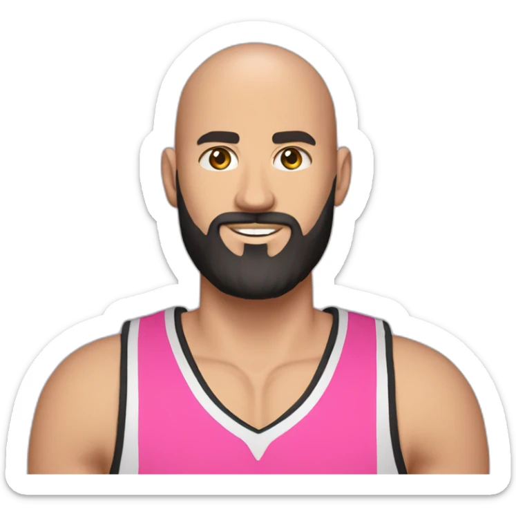 Caucasian basketball player, bald, with black beard, wearing pink jersey (miami style) no 10 and holding a basketball sticker