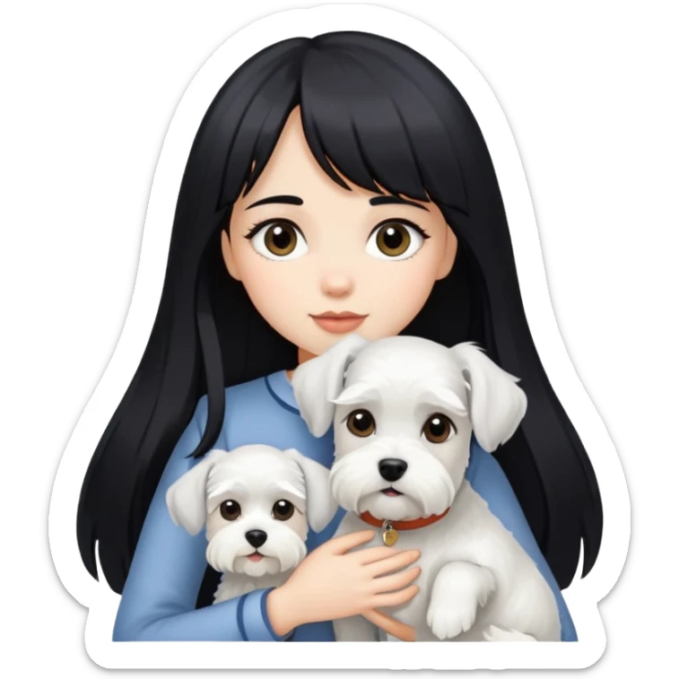 Girl with long black hair and bangs holding a white schnauzer dog sticker