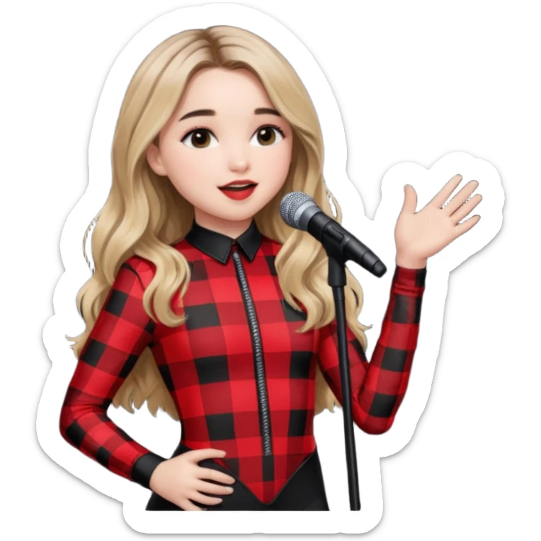 Sabrina carpenter singing at concert wearing a black and red plaid bodysuit sticker