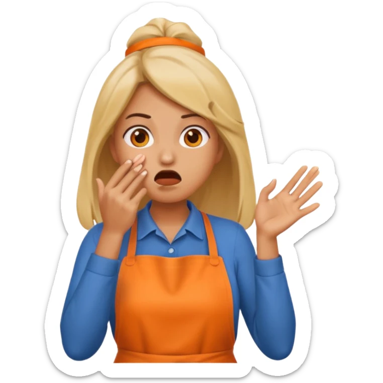 scared woman with her hands on her mouth, emoji style, more details, sideways pose, orange apron, different pose, different background sticker