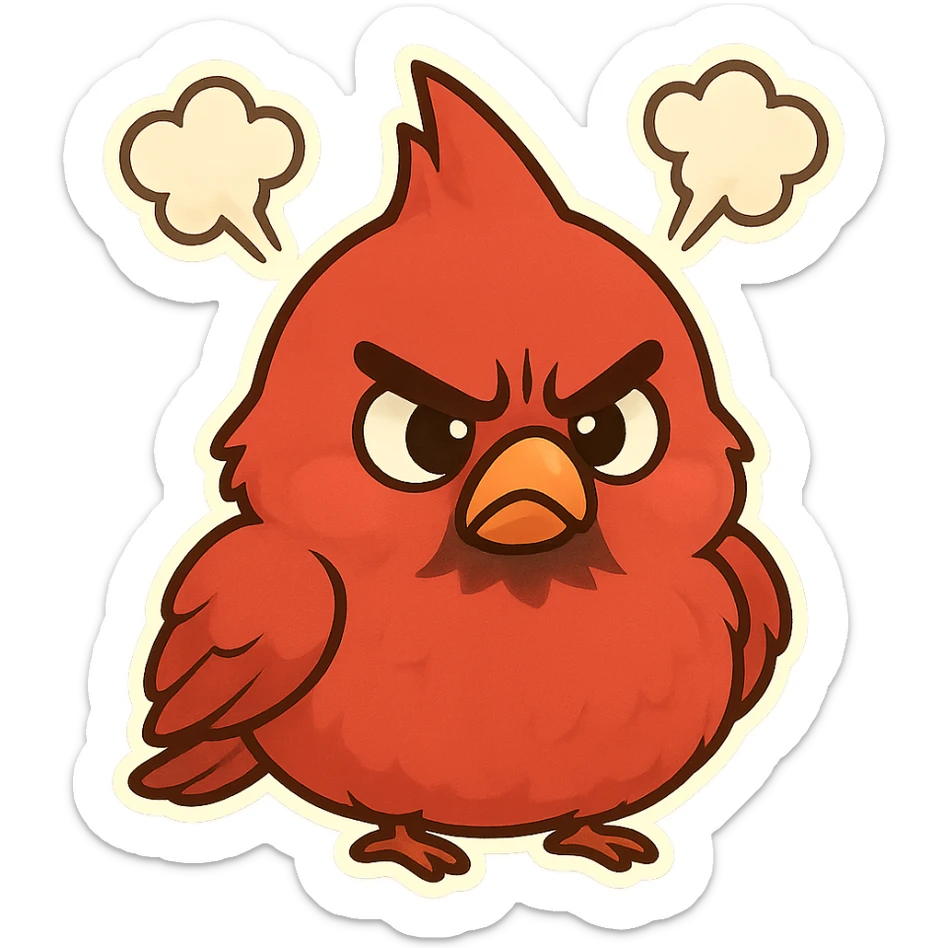 Chibi red male cardinal frowning with puffed cheeks and furrowed brows, steam puffs above head, angry but cute emoji. sticker