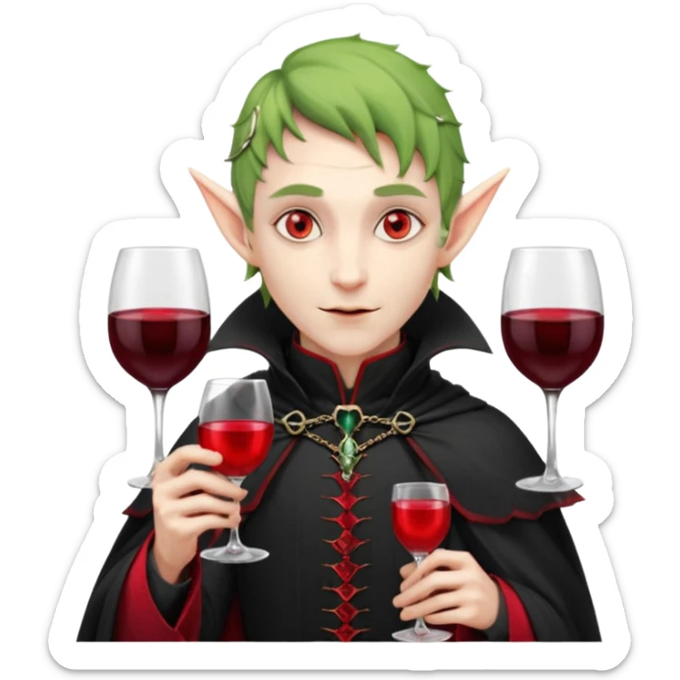 male elf vampire emoji, pale skin, red glowing eyes, long pointed ears, black high-collared cloak with red lining, holding a wine glass filled with red liquid, elegant Halloween fantasy look, smooth Apple emoji style, clean white background, square image sticker