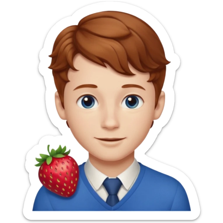 Please generate a portrait of a boy. He has light brown to reddish-brown wavy hair, a right side parting, longer sideburns, blue eyes, a snub nose, and a somewhat pronounced, strawberry-red pout. He is smiling. sticker