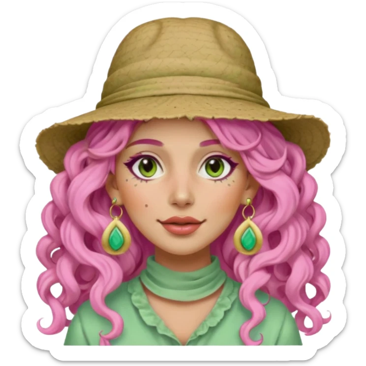 pink haired very long curly haired woman with full full face light green clay mask  and big earrings and hat with full face clay mask sticker
