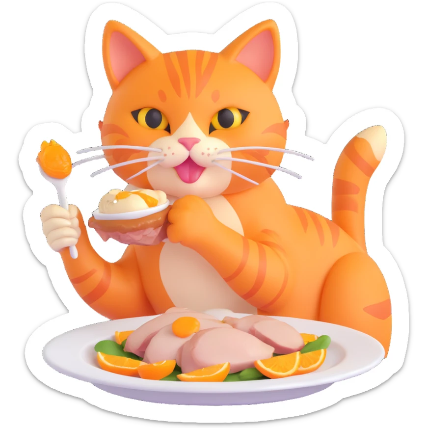 orange cat with orange eyes eating a chicken thigh from a plate, 3D emoji style sticker