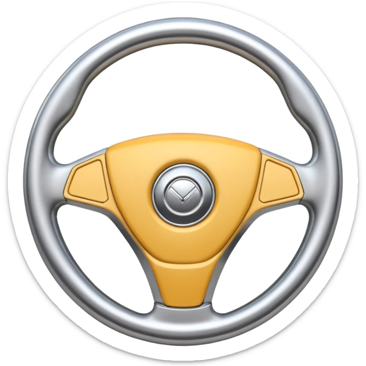 A futuristic steering wheel emoji made of silver chrome, minimal geometric design, smooth metallic surface, soft reflections, iOS emoji style, centered, clean white background sticker