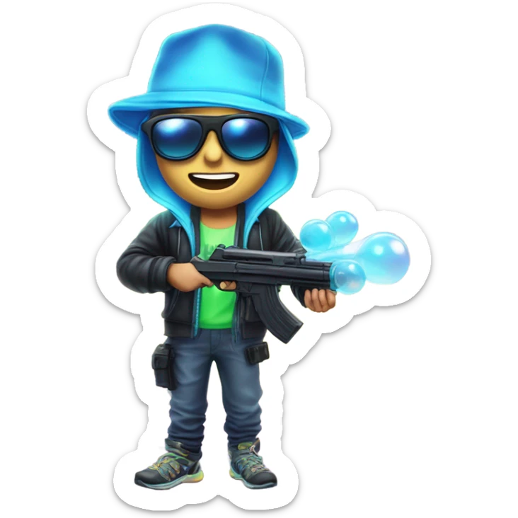 Caucasian boy in glowing rave gear with sunglasses and mask and hat and shooting a bubble gun sticker