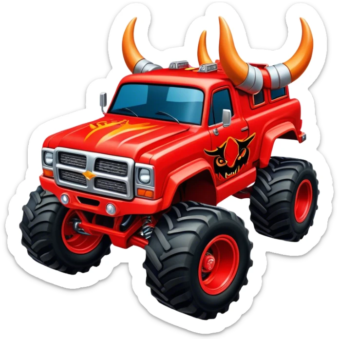 El Toro Loco - Monster Jam (Model Year: 2022) (Iconic colour: Red with horns) - An eye-catching monster truck with a wild, rebellious design in bold red. Include stylized, large horn graphics and aggressive facial elements that evoke a bull-like, ferocious appearance, exuding daring and unstoppable force. sticker