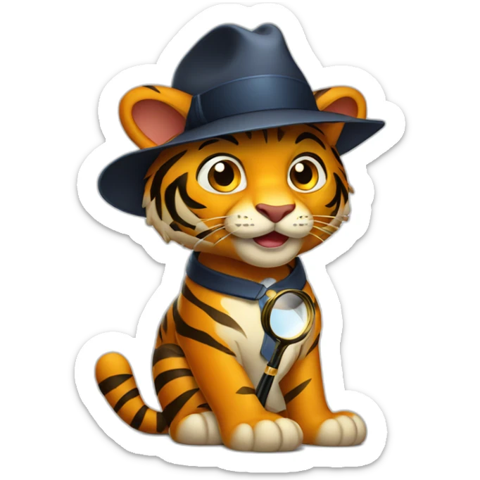 A tiger with a sleek detective's hat, holding a magnifying glass in its paw sticker