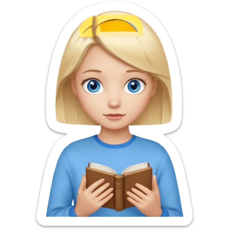 girl with blonde hair and blue eys with heands telling what  sticker