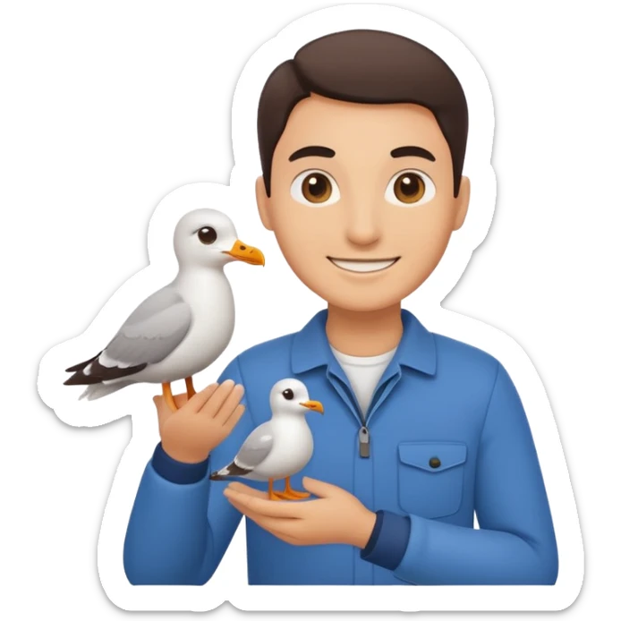 Minimalist emoji-style illustration of a smiling photographer holding a seagull in their hands. Simplified, clean lines, vibrant colors, small size, white background sticker