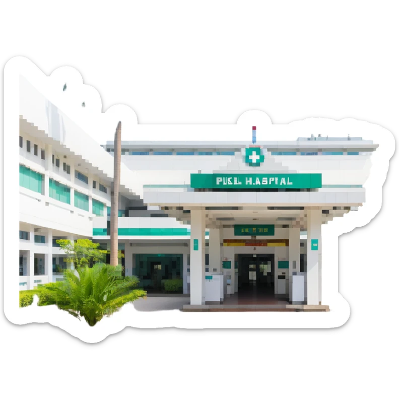 Bangkok hospital with tropical palm trees and Thai style entrance sticker