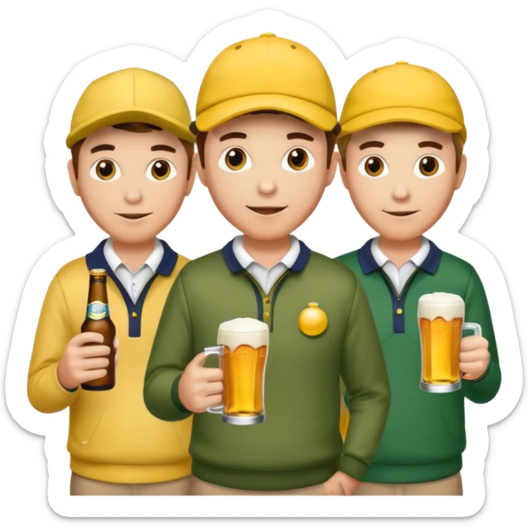 16 men on a golf trip wearing yellow golf caps all holding a beer can with a Xmas style label. Has to be 16 of them. sticker