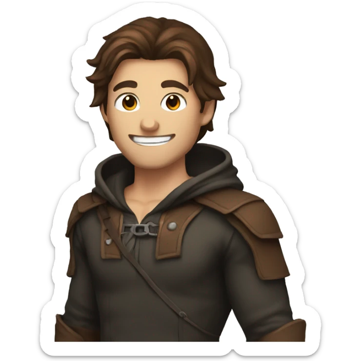 human male rogue with brown hair wearing a hood grinning sticker
