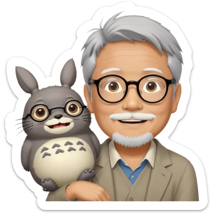 _cinematic-realistic-portrait-of-hayao-miyazaki,-depicted-with--large-rectangular-glasses,-his-happy-expression-rendered-in-lifelike-detail,-illuminated-with-soft,-realistic-lighting-that-emphasizes-his-creative-genius, with totoro sitting on this shoulder  sticker