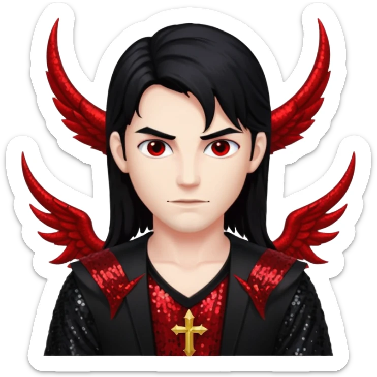 Lucifer from The Bible with red skin, long black hair, black sequin outfit sticker