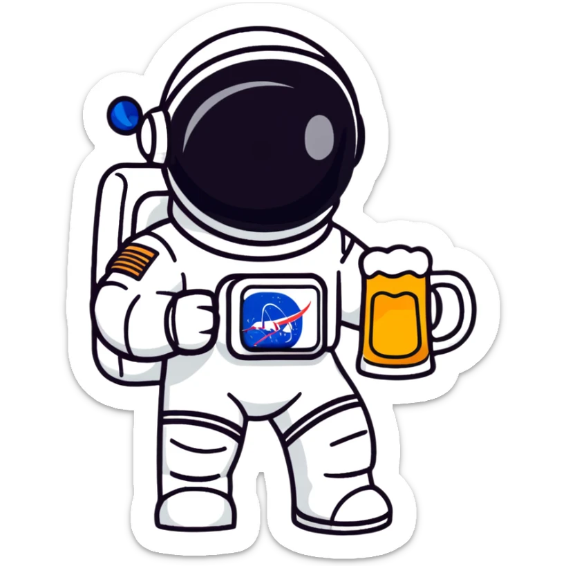 a pint of beer wearing a space suit, astronaut beer glass sticker