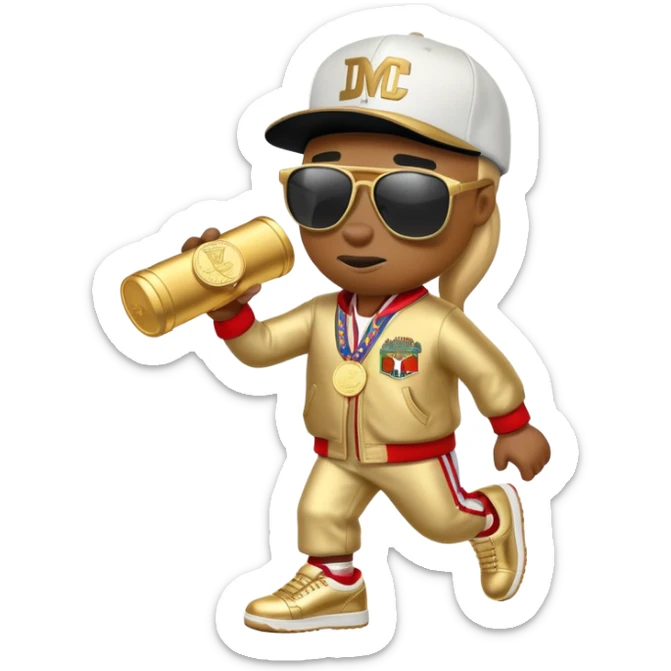 anthropomorphised horse dressed like a member of RUN DMC, hip-hop outfit, gold medal, baseball hat, sunglasses sticker