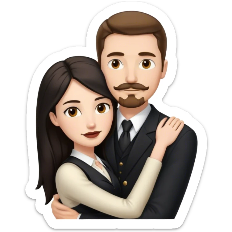 married couple portrait, tall white man with brown hair goatee mustache embracing a pale woman with long black hair, wearing formal clothing sticker