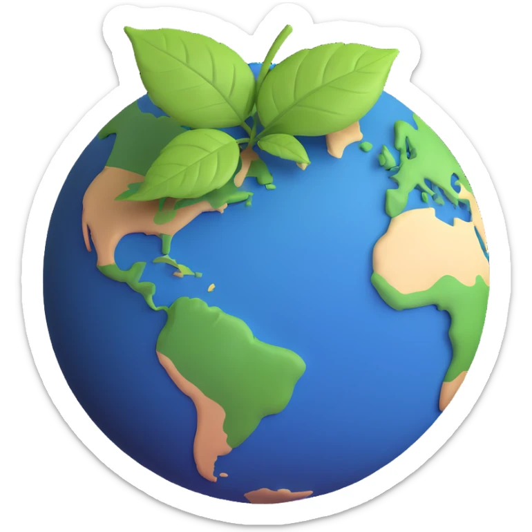 A single green leaf resting gently on top of a vibrant, round Earth globe. The focus is on the leaf and the globe with a simple background and soft natural lighting sticker