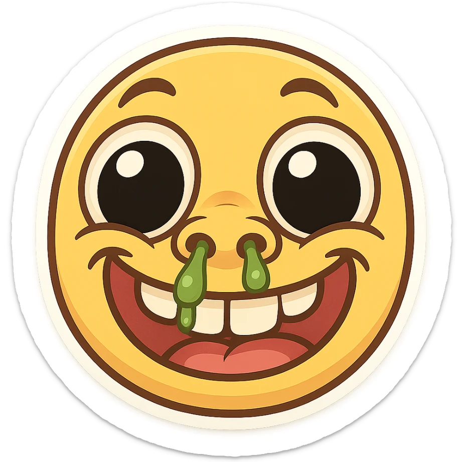 silly emoji-style face with oversized eyes, large nostrils with green boogers, wide grin with prominent buck teeth sticker