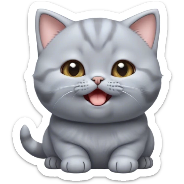 Cinematic Cute Grey British Shorthair kitten Portrait Emoji, Head tilted playfully and yawning, round and plump body with sleek soft grey fur and subtle blue undertones, Simplified yet adorable features, highly detailed, glowing with a warm, friendly glow, high shine, curious yet calm, stylized with a touch of whimsy, bright and endearing, soft glowing outline, capturing the essence of a mischievous yet loving and lazy kitty, so cute it feels like it could stretch out of the screen and cuddle! sticker