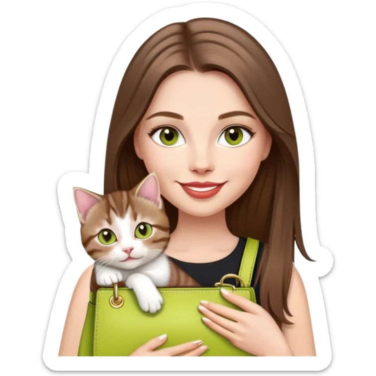 White Woman with super long straight brown hair, rosy lips, chartreuse eyes, cute happy smile holding a white and brown tabby kitten, wearing a black purse sticker