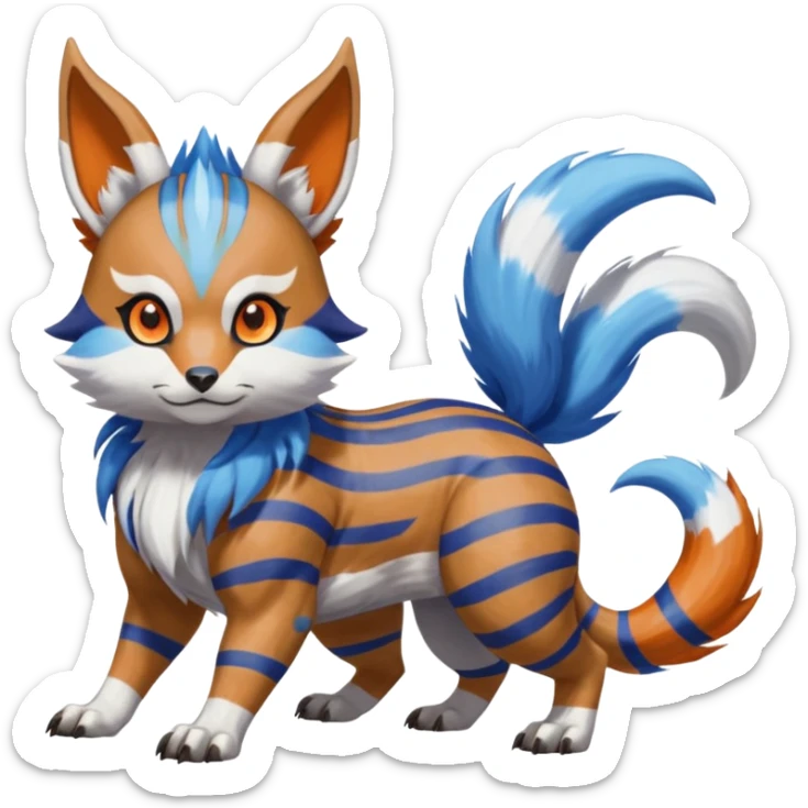 Brown and white-striped Colorful Skilled Adept Graceful Asian Painted WereGarurumon-Meloetta-Ursaring-Furret-fusion-hybrid-creature (full body) with blue rings around eyes, tufted orange ears sticker