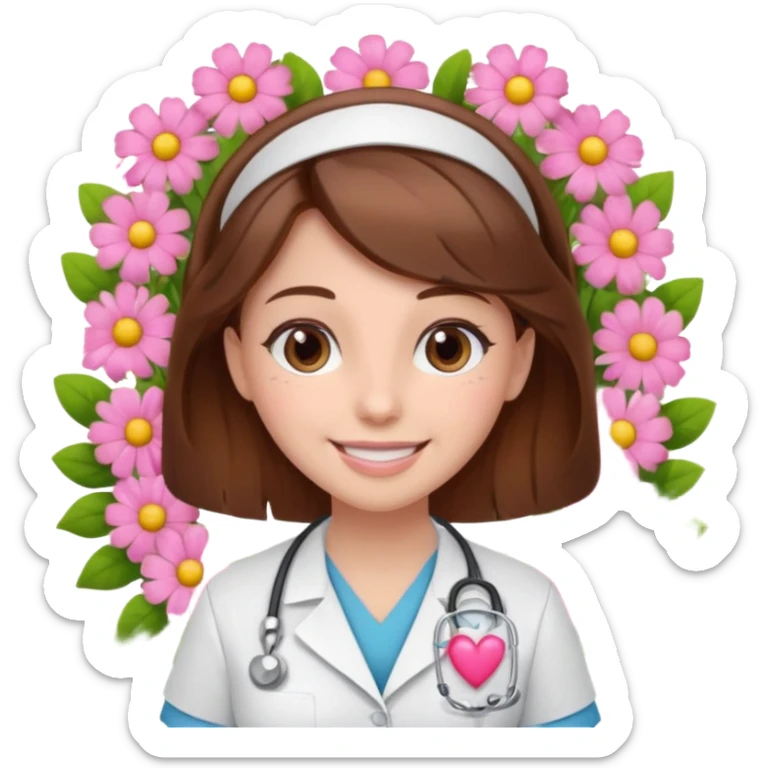 Brown hair Nurse with pink heart and flowers surround her sticker