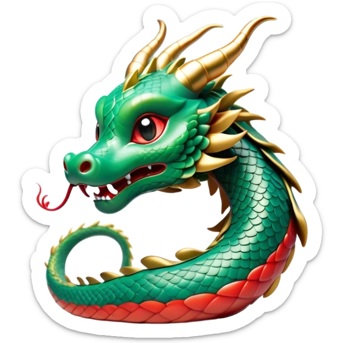 Cinematic Cute Chinese Serpent Dragon Portrait Emoji, Head tilted playfully and inquisitively, showcasing a slender, flowing body with vibrant jade scales and soft vermilion accents intertwined with whimsical wisps of cloud and water details; rendered with realistic finesse and warm natural light, high shine, charming and spirited, styled with a touch of mythic whimsy, soft glowing outline, capturing the essence of a mischievous yet endearing celestial dragon poised to weave magic into your dreams! sticker