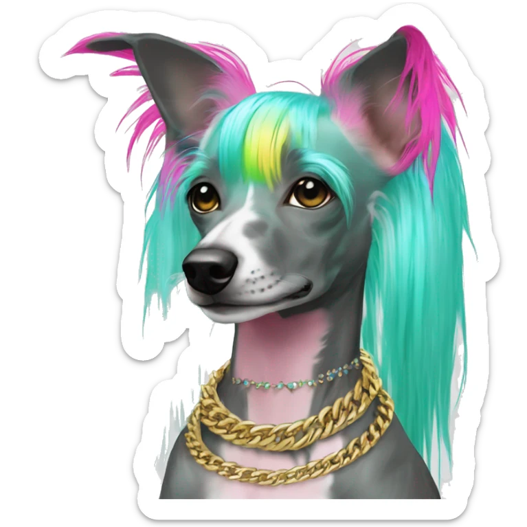 Punk Chinese crested dog neon rainbow cyan green pink hair gold chain punk piercings tattoos punk ear piercings sticker